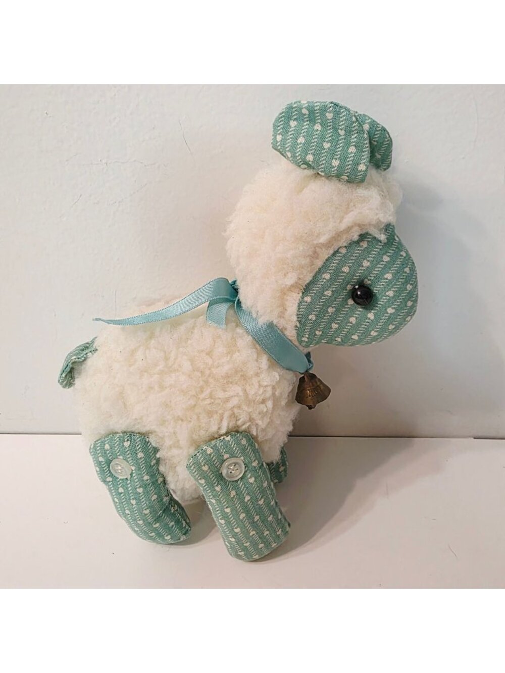 Vtg Mint Green Heart Themed Fabric White Mini Llama Plush Cow Bell Accent Toy